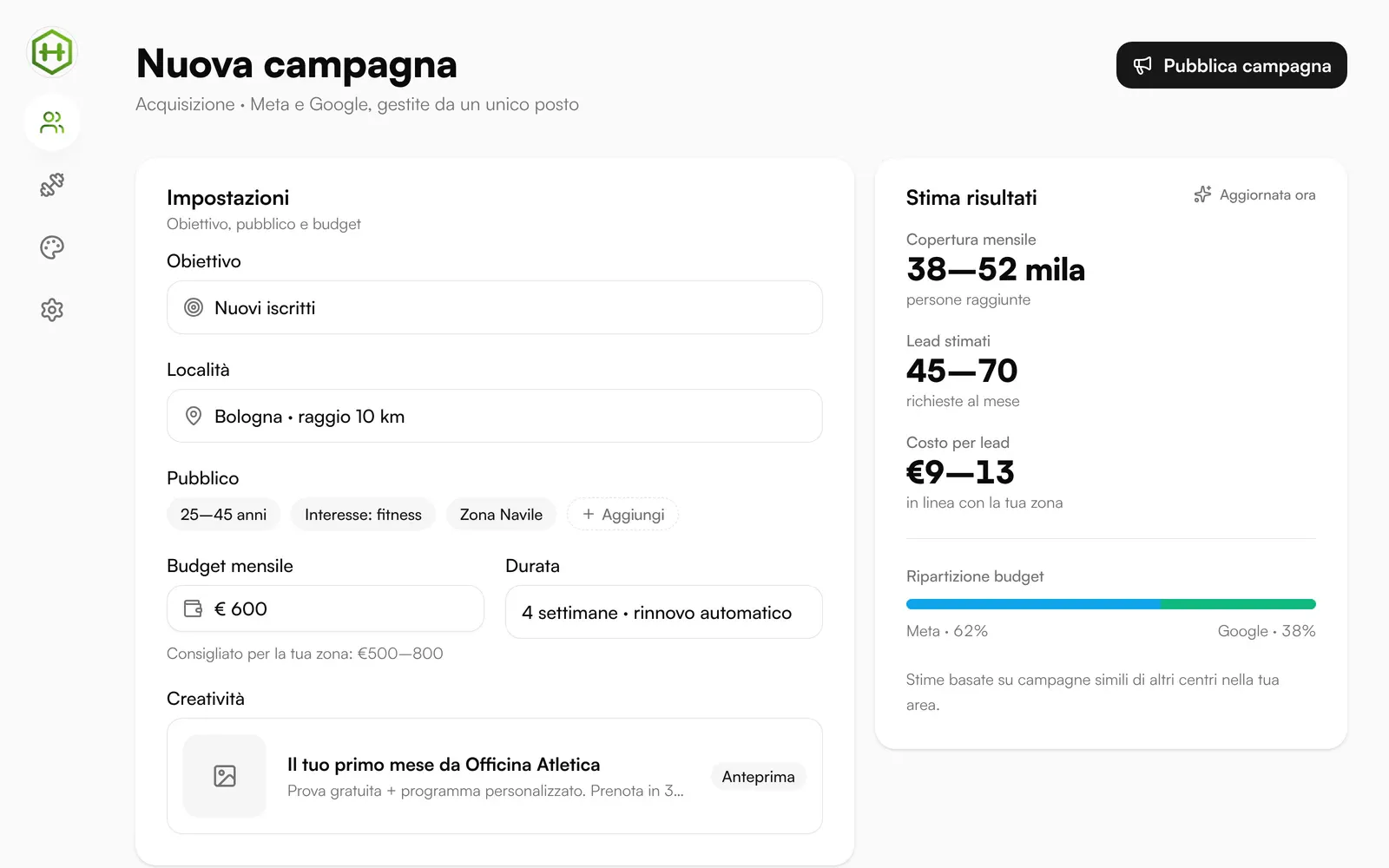 Create campaign: location, target, budget and results estimate directly in the platform