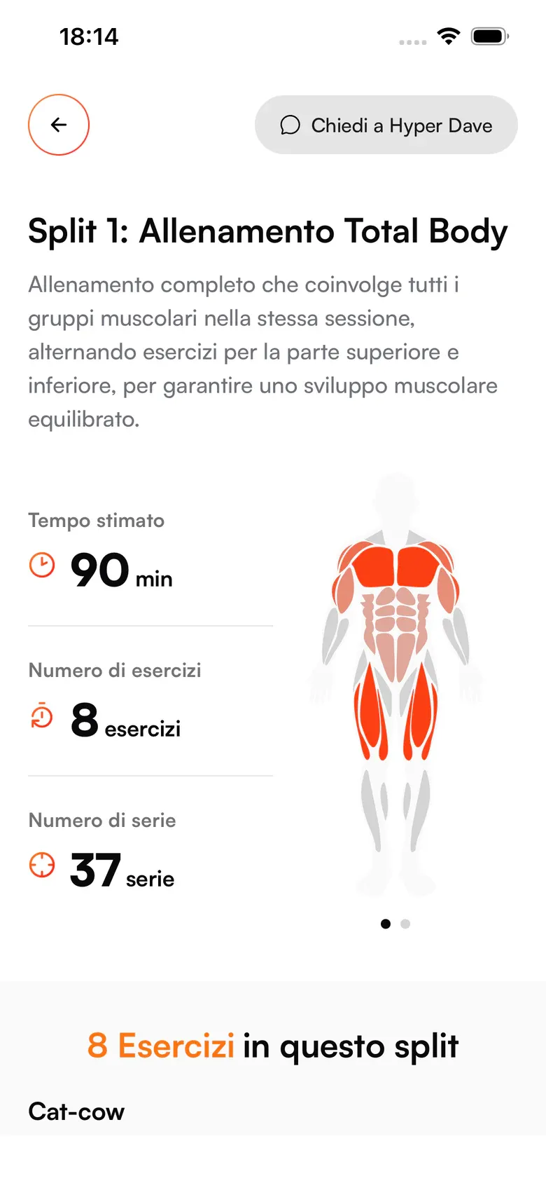 Mentor app: Total Body split overview with muscle map