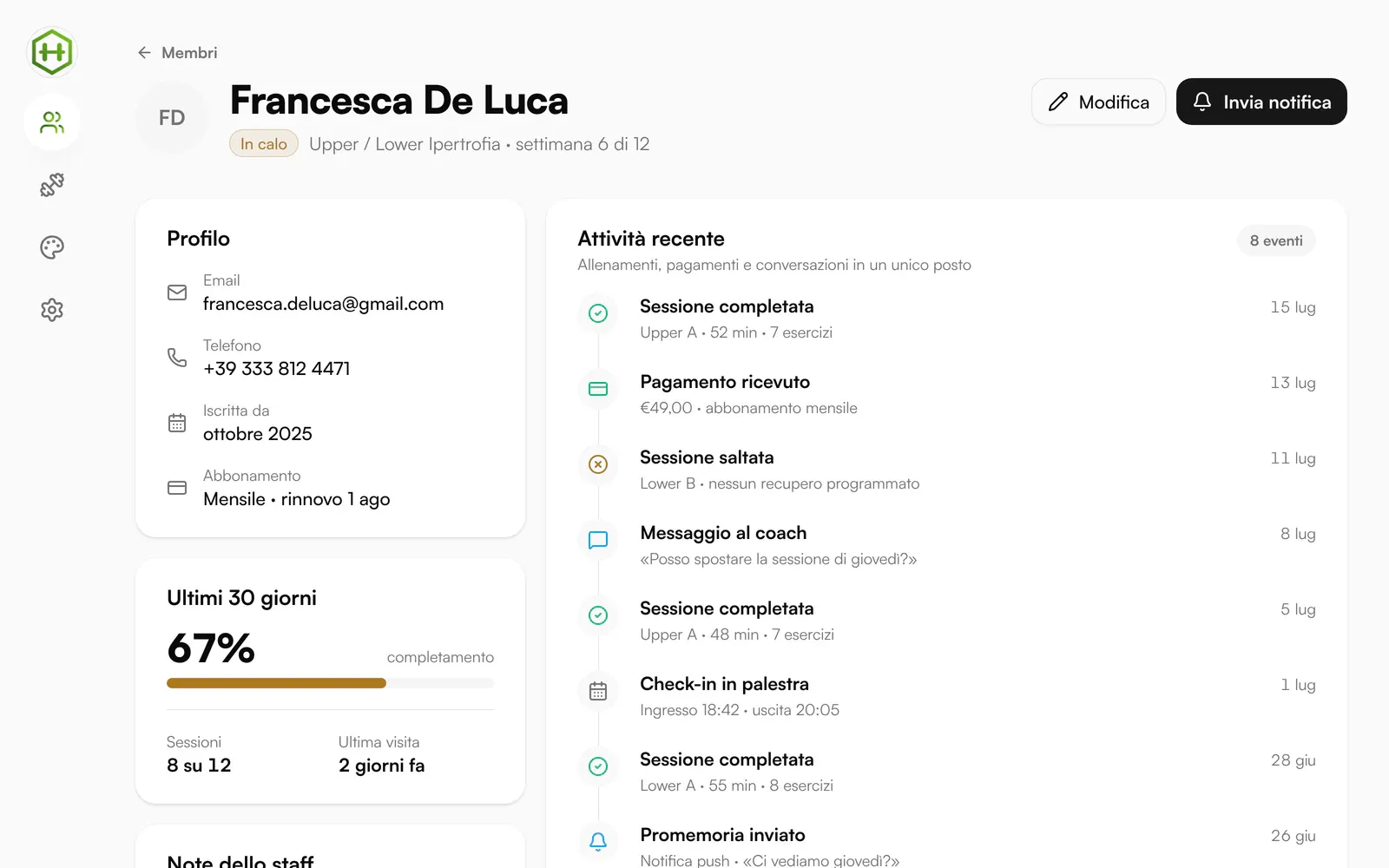 Mentor CRM: 360-degree client profile with activity history and notification sending