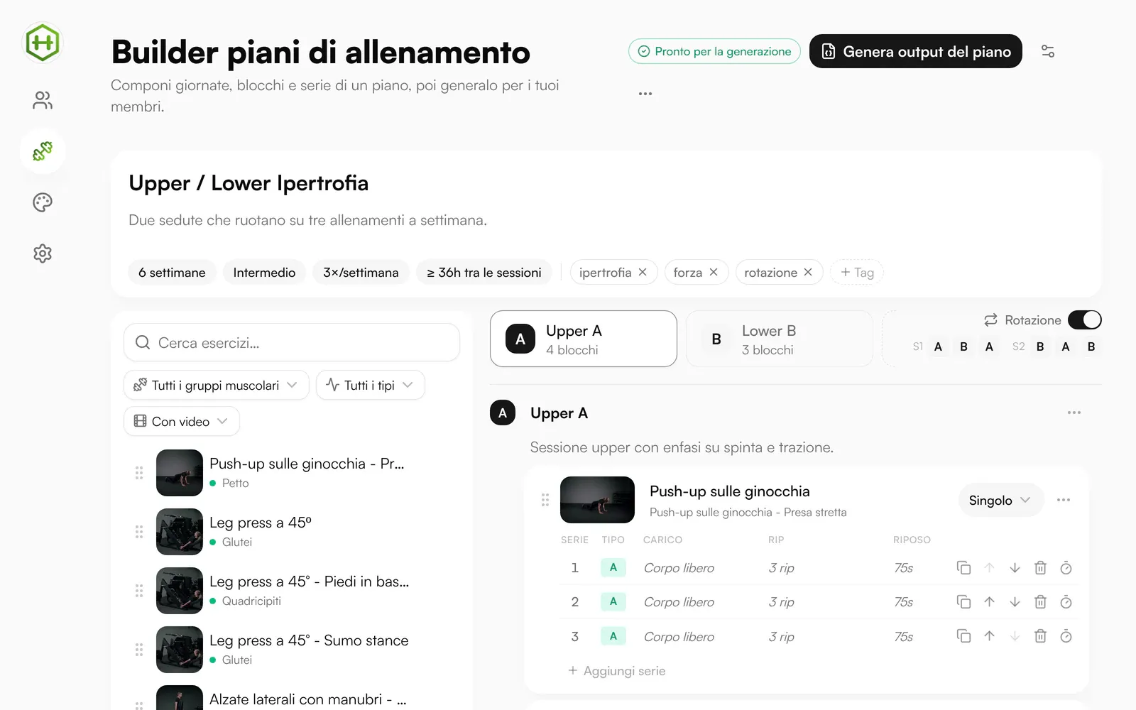 Mentor workout builder: Upper Lower plan with sets, loads and rest periods