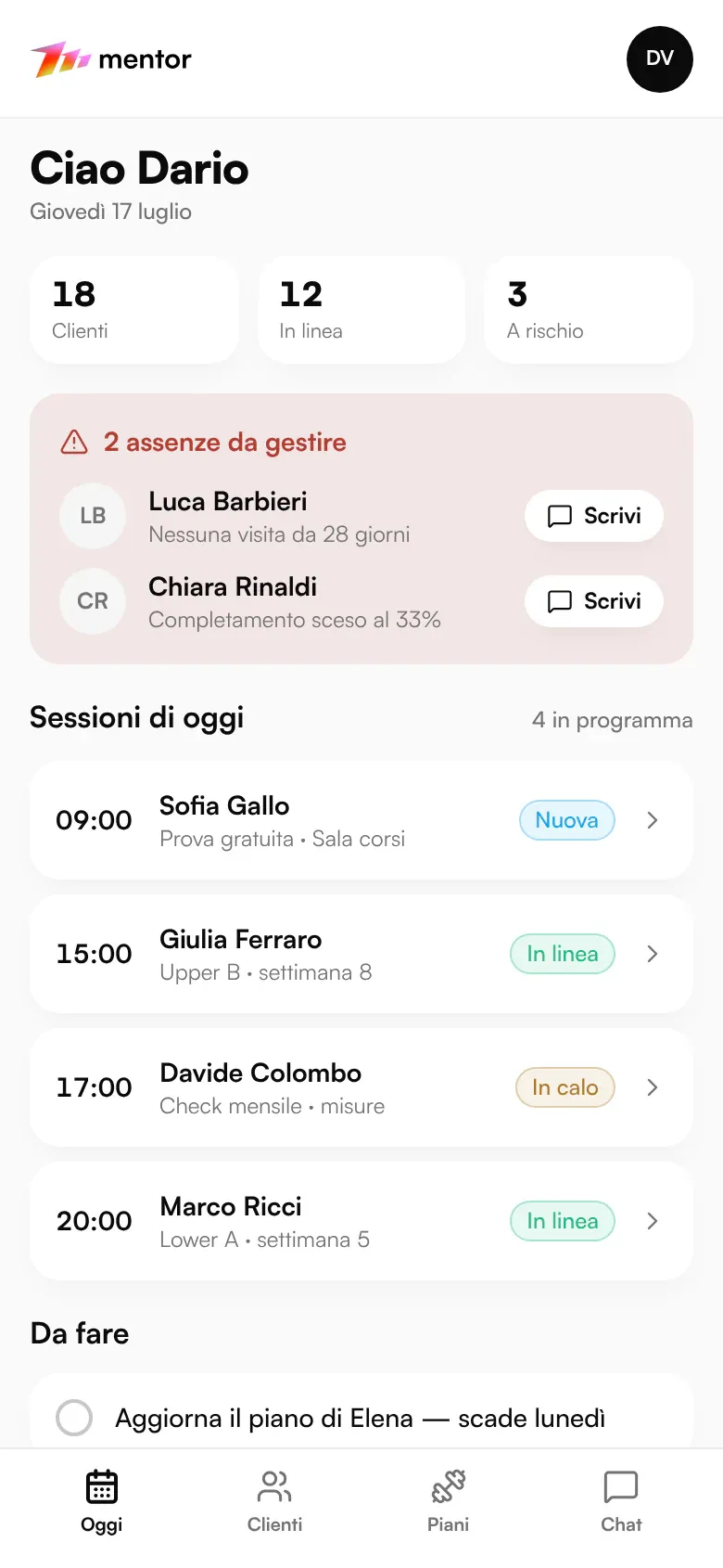 Mobile PT dashboard: absence alerts and scheduled sessions