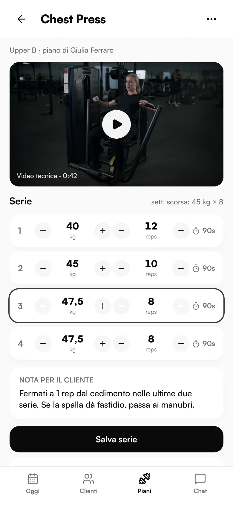 Chest Press set editor on smartphone